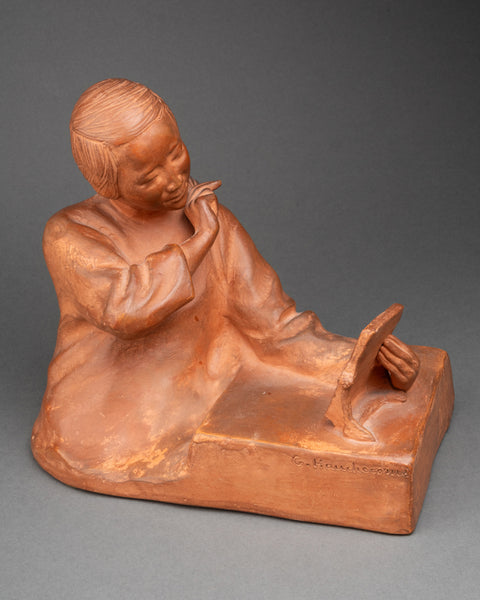 Gaston HAUCHECORNE (1880-1945) 'Asian woman with fan and book', Patinated terracotta, Art Deco period.