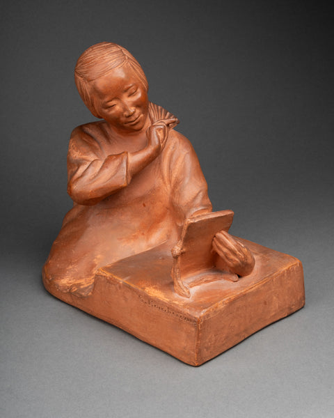Gaston HAUCHECORNE (1880-1945) 'Asian woman with fan and book', Patinated terracotta, Art Deco period.