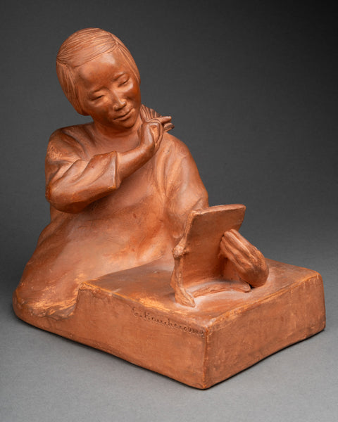 Gaston HAUCHECORNE (1880-1945) 'Asian woman with fan and book', Patinated terracotta, Art Deco period.