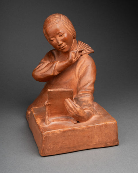 Gaston HAUCHECORNE (1880-1945) 'Asian woman with fan and book', Patinated terracotta, Art Deco period.
