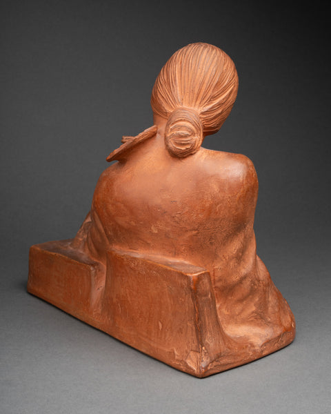 Gaston HAUCHECORNE (1880-1945) 'Asian woman with fan and book', Patinated terracotta, Art Deco period.