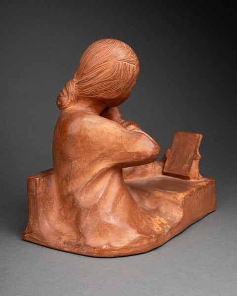 Gaston HAUCHECORNE (1880-1945) 'Asian woman with fan and book', Patinated terracotta, Art Deco period.