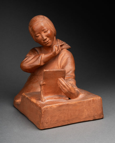 Gaston HAUCHECORNE (1880-1945) 'Asian woman with fan and book', Patinated terracotta, Art Deco period.