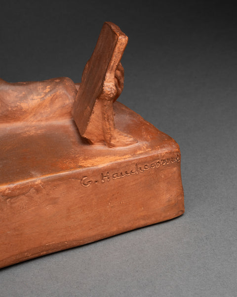 Gaston HAUCHECORNE (1880-1945) 'Asian woman with fan and book', Patinated terracotta, Art Deco period.