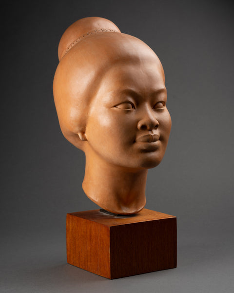 Hugues BACQUET - Bust of a woman Southeast Asia in patinated terracotta earth color