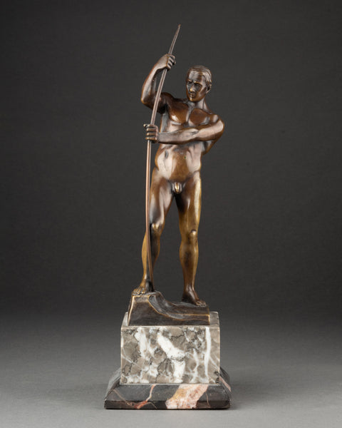 Otto H RIESE (XXème, Allemagne) 'Athlète nu bandant son arc' Bronze patiné Art Déco