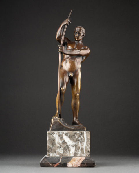 Otto H RIESE (XXème, Allemagne) 'Athlète nu bandant son arc' Bronze patiné Art Déco