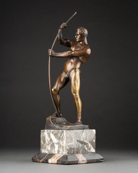 Otto H RIESE (XXème, Allemagne) 'Athlète nu bandant son arc' Bronze patiné Art Déco