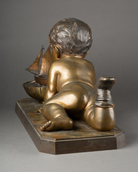 Emmanuel VILLANIS (1858-1914) Enfant jouant avec un bateau. Grand et rare bronze. Vers 1900