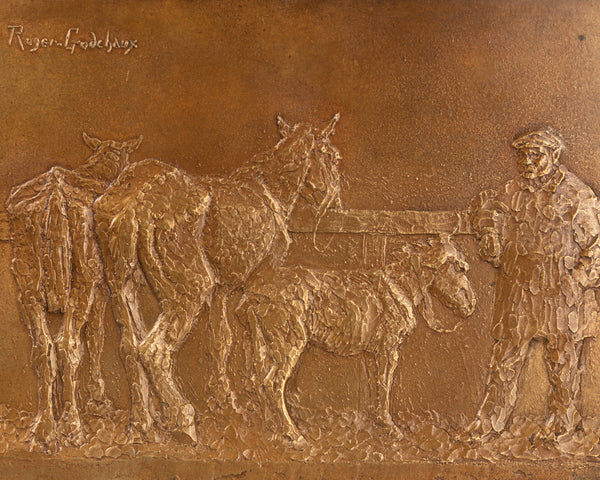 Roger GODCHAUX (1878-1958) Pallefrenier and his horses - Bronze plaque - Art Deco period