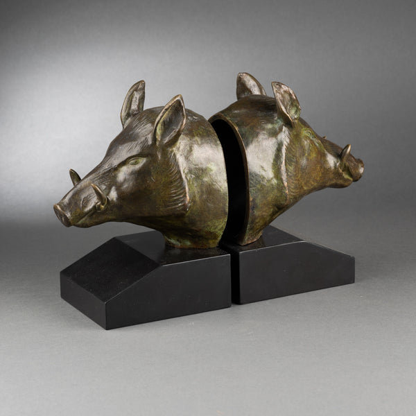 Georges GARREAU (1885-1955) - Pair of 'boar's heads' bookends - Art Deco bronzes