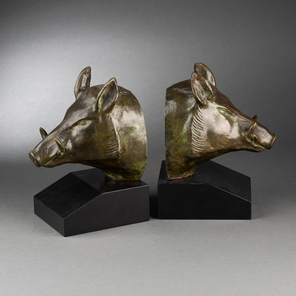 Georges GARREAU (1885-1955) - Pair of 'boar's heads' bookends - Art Deco bronzes