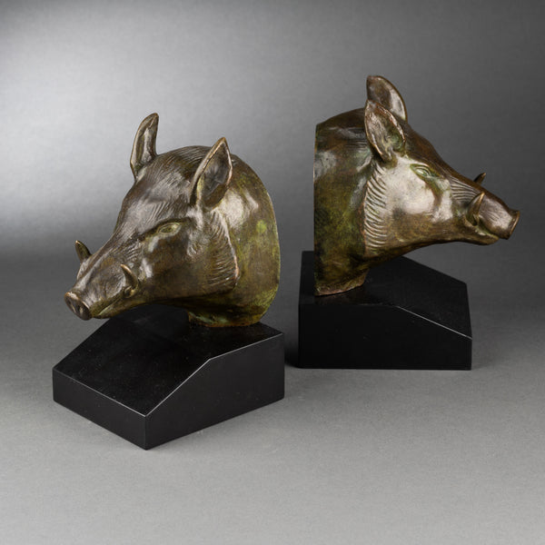Georges GARREAU (1885-1955) - Pair of 'boar's heads' bookends - Art Deco bronzes