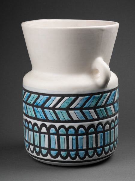 Roger CAPRON - Glazed ceramic 'ears' vase decorated with geometric friezes in bluish tones.