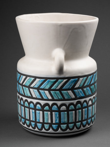 Roger CAPRON - Vase 'oreilles' en céramique émaillée décor de frises géométriques aux tons bleutés.