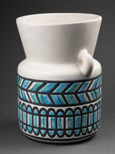 Roger CAPRON - Glazed ceramic 'ears' vase decorated with geometric friezes in bluish tones.