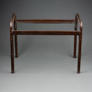 Jacques ADNET (1900-1984) Small brown topstitched saddle leather coffee table and glass top, Circa 1950