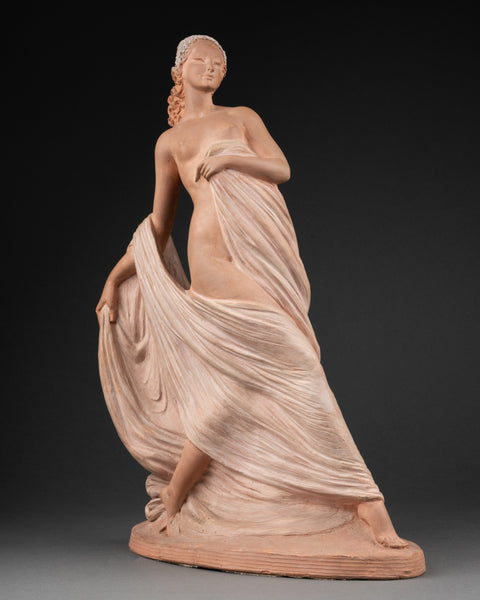 Joe DESCOMPS (1869-1950) Alias 'Cormier' Nude dancer with veil Art Deco polychrome terracotta
