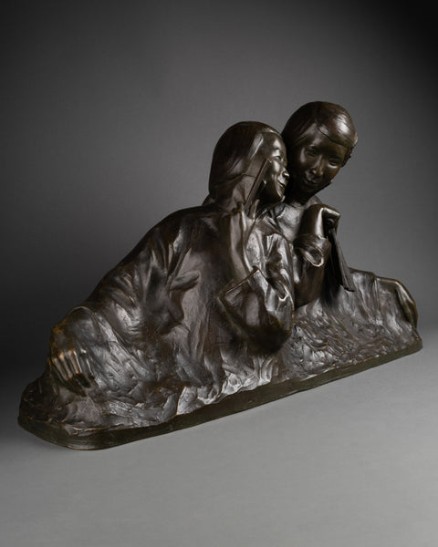 Gaston HAUCHECORNE (1880-1945) 'Deux femmes asiatique à l'éventail discutant', Rare Epreuve en bronze patiné, période Art Déco. (Copie)