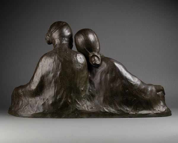 Gaston HAUCHECORNE (1880-1945) 'Deux femmes asiatique à l'éventail discutant', Rare Epreuve en bronze patiné, période Art Déco. (Copie)