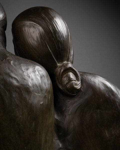 Gaston HAUCHECORNE (1880-1945) 'Deux femmes asiatique à l'éventail discutant', Rare Epreuve en bronze patiné, période Art Déco. (Copie)