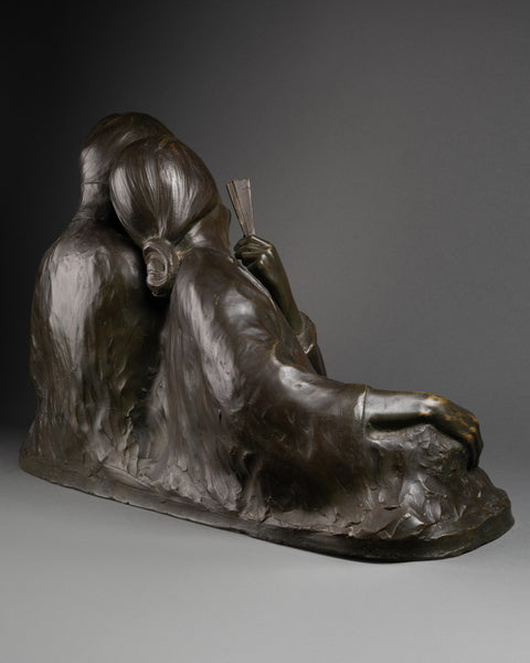 Gaston HAUCHECORNE (1880-1945) 'Deux femmes asiatique à l'éventail discutant', Rare Epreuve en bronze patiné, période Art Déco. (Copie)