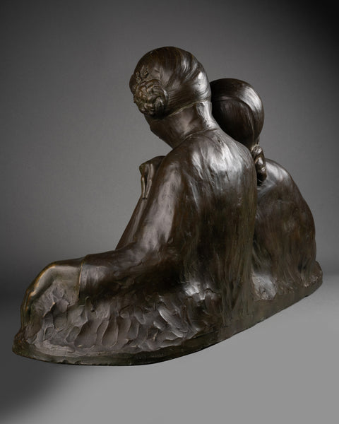 Gaston HAUCHECORNE (1880-1945) 'Deux femmes asiatique à l'éventail discutant', Rare Epreuve en bronze patiné, période Art Déco. (Copie)