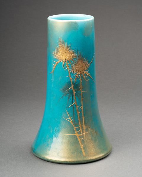 Clément MASSIER et L. LEVY - Bel ensemble de 3 vases en céramique émaillée sur fonds bleu, décor à l'or.