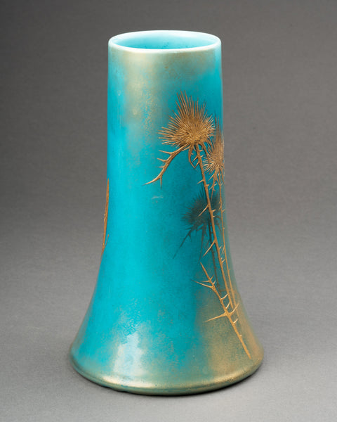 Clément MASSIER et L. LEVY - Bel ensemble de 3 vases en céramique émaillée sur fonds bleu, décor à l'or.