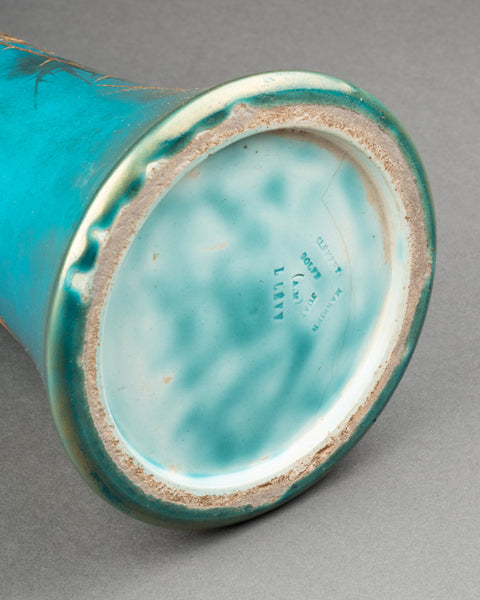 Clément MASSIER et L. LEVY - Bel ensemble de 3 vases en céramique émaillée sur fonds bleu, décor à l'or.