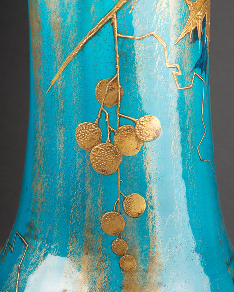 Clément MASSIER et L. LEVY - Bel ensemble de 3 vases en céramique émaillée sur fonds bleu, décor à l'or.