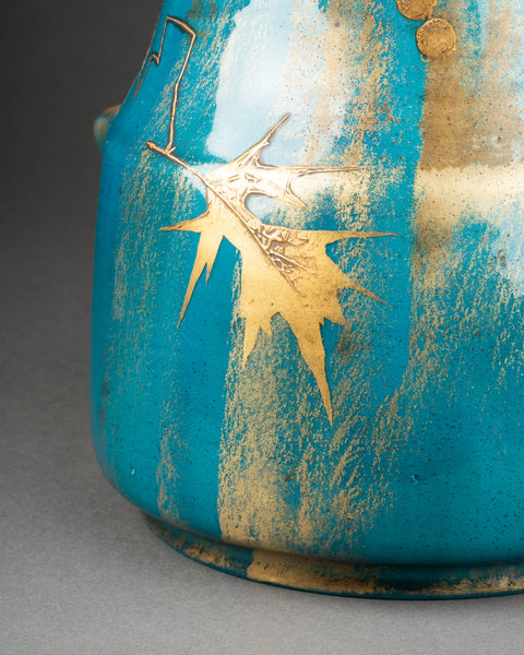 Clément MASSIER et L. LEVY - Bel ensemble de 3 vases en céramique émaillée sur fonds bleu, décor à l'or.