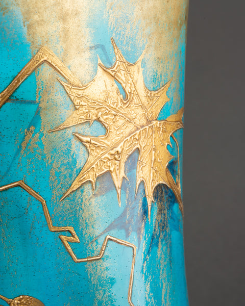 Clément MASSIER et L. LEVY - Bel ensemble de 3 vases en céramique émaillée sur fonds bleu, décor à l'or.