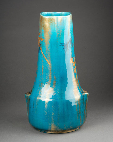 Clément MASSIER et L. LEVY - Bel ensemble de 3 vases en céramique émaillée sur fonds bleu, décor à l'or.