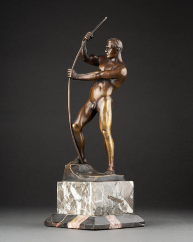 Otto H RIESE (XXème, Allemagne) 'Athlète nu bandant son arc' Bronze patiné Art Déco