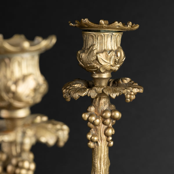 Pair of gilded bronze candlesticks, decorated with lizards, lions, and bunches of grapes, late 19th century.