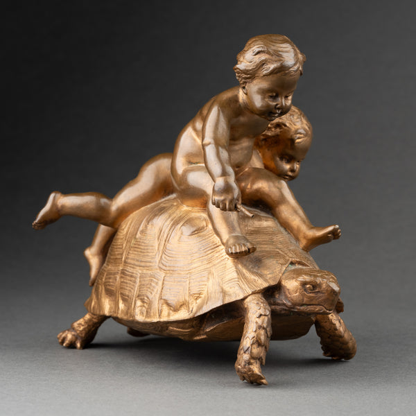 Ernest BARRIAS (1841-1905) 'Enfants à a tortue' bronze doré fin XIXème
