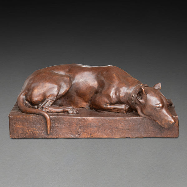 Georges GARDET (d'après) Plâtre monumental d'un dogue couché, patine bronze. Période Art Déco.