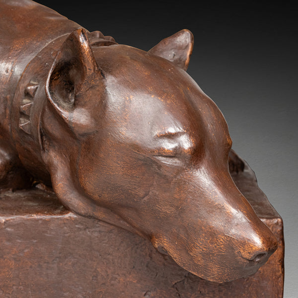 Georges GARDET (d'après) Plâtre monumental d'un dogue couché, patine bronze. Période Art Déco.