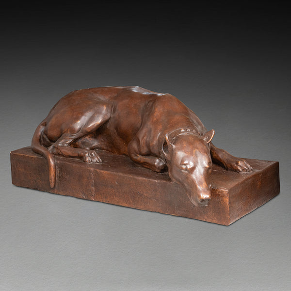 Georges GARDET (d'après) Plâtre monumental d'un dogue couché, patine bronze. Période Art Déco.
