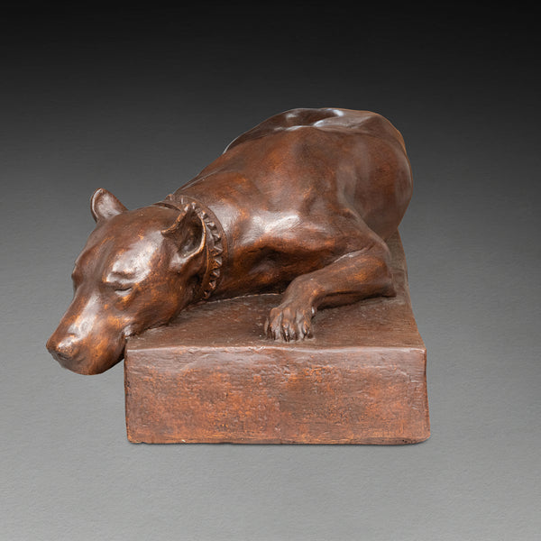 Georges GARDET (d'après) Plâtre monumental d'un dogue couché, patine bronze. Période Art Déco.