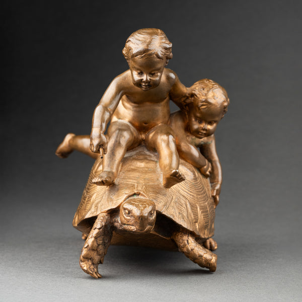 Ernest BARRIAS (1841-1905) 'Enfants à a tortue' bronze doré fin XIXème