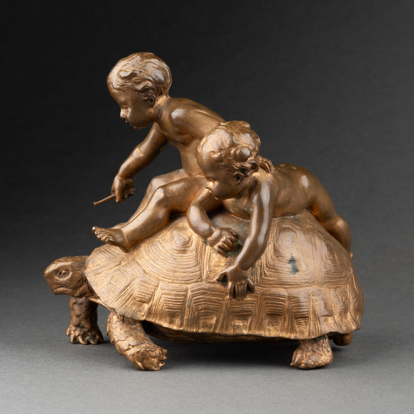 Ernest BARRIAS (1841-1905) 'Enfants à a tortue' bronze doré fin XIXème
