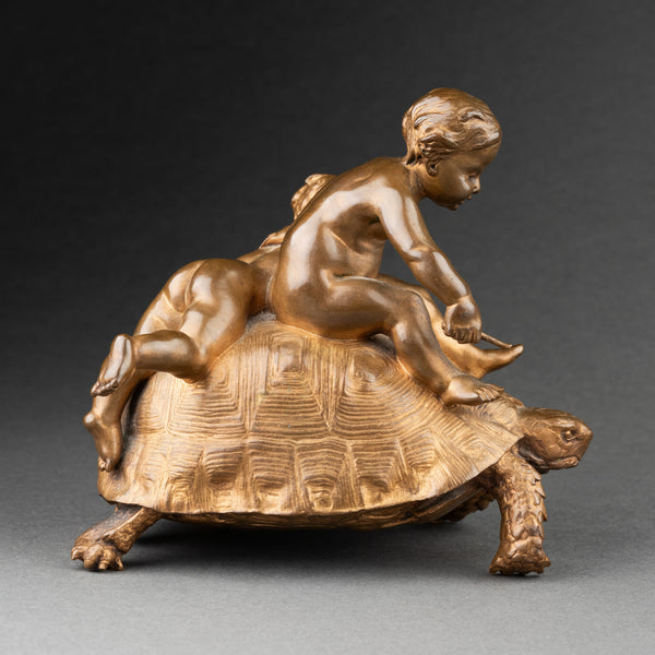 Ernest BARRIAS (1841-1905) 'Enfants à a tortue' bronze doré fin XIXème