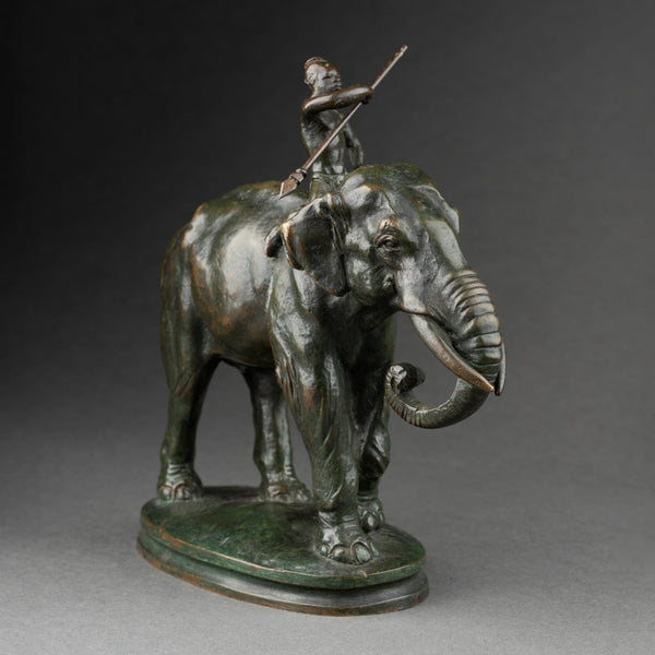Alfred BARYE (1839-1895) 'Cornac sur son éléphant' bronze patiné fin XIXème.