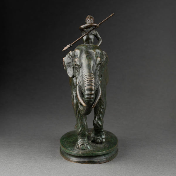 Alfred BARYE (1839-1895) 'Cornac sur son éléphant' bronze patiné fin XIXème.