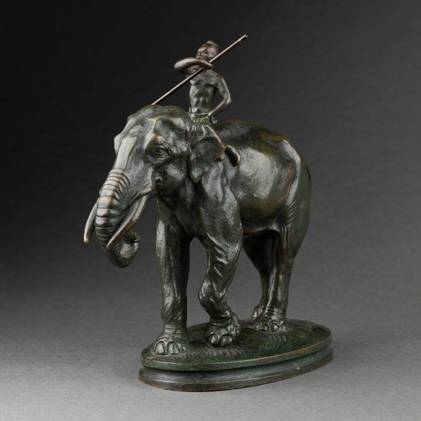 Alfred BARYE (1839-1895) 'Cornac sur son éléphant' bronze patiné fin XIXème.