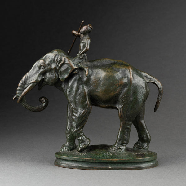 Alfred BARYE (1839-1895) 'Cornac sur son éléphant' bronze patiné fin XIXème.