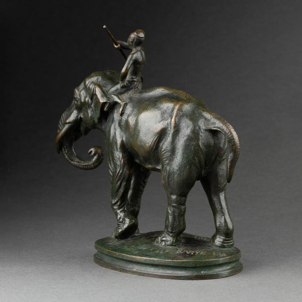 Alfred BARYE (1839-1895) 'Cornac sur son éléphant' bronze patiné fin XIXème.