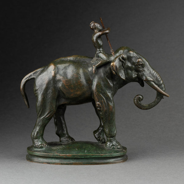 Alfred BARYE (1839-1895) 'Cornac sur son éléphant' bronze patiné fin XIXème.